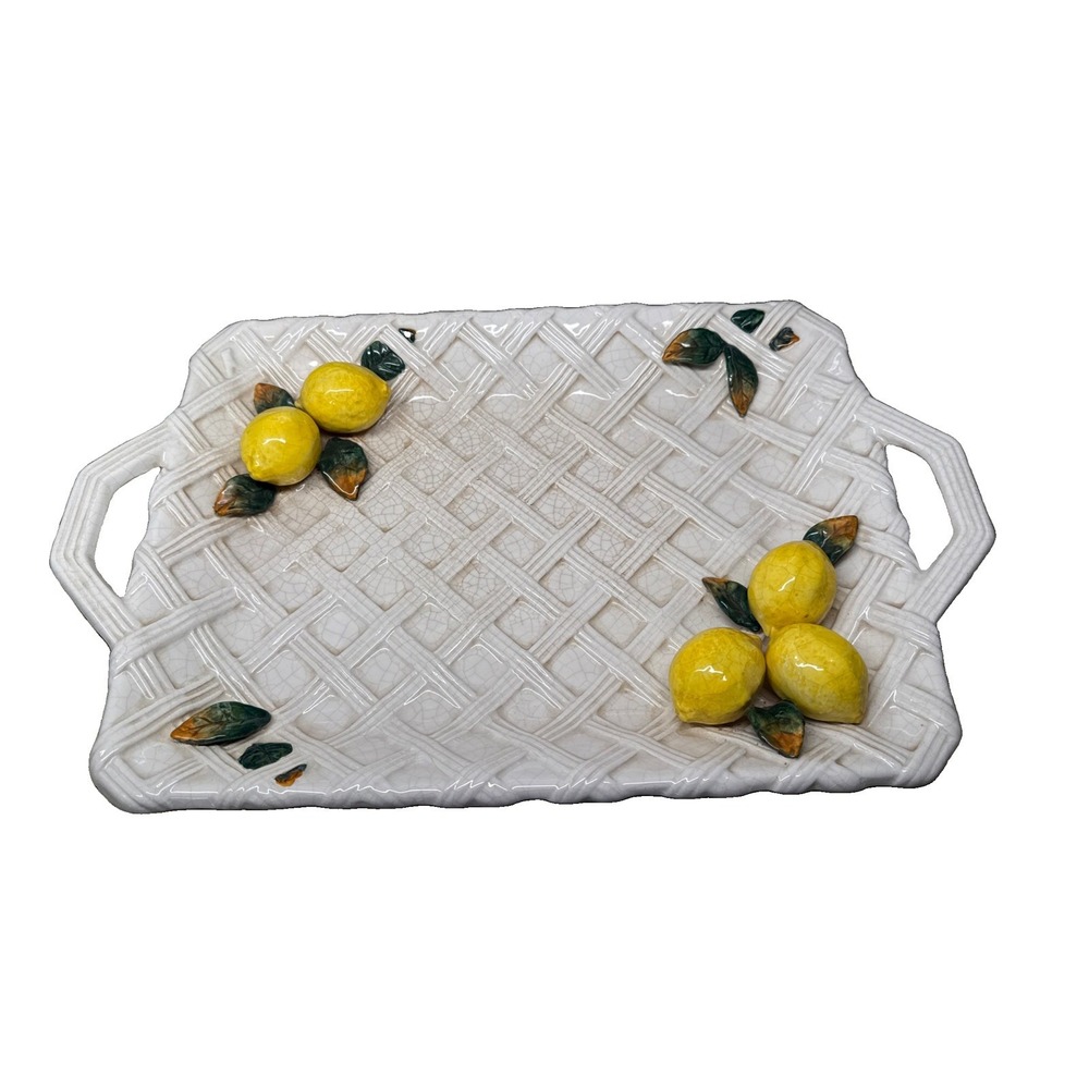 Department 56 Rare Vintage 17 Inch Tray. Basket weave with lemons green leaves.